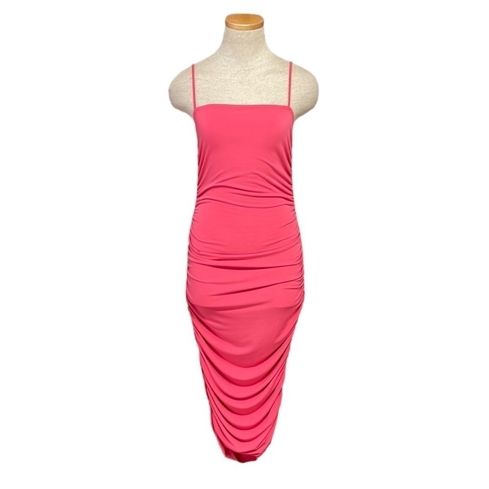 Deja Vu Dress Womens Large Pink Bodycon Sleeveless Midi Ruched